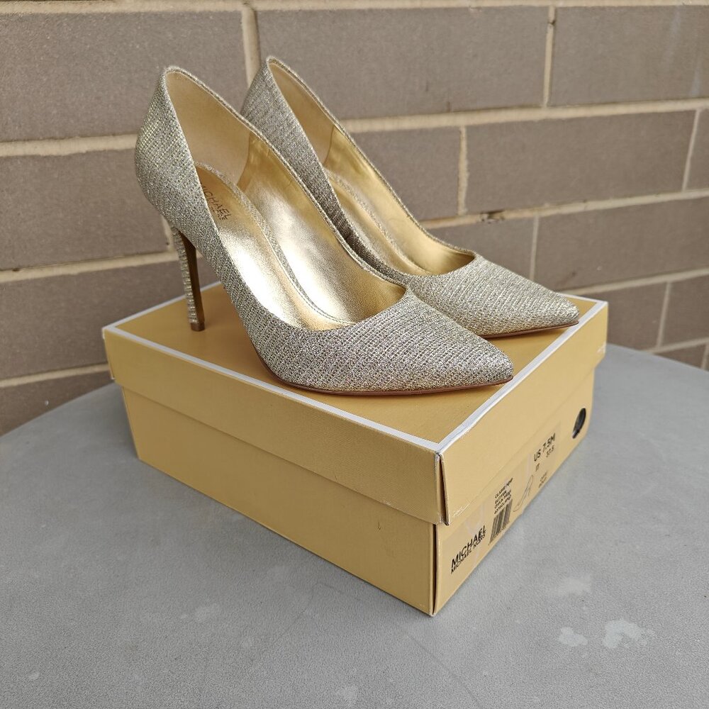 Michael Kors 7.5 Gold Claire Glitter Chain Mesh Pumps 40T8CLHP5D